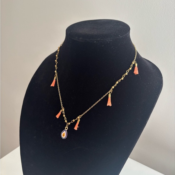 Gold Tassel Necklace with Orange Teardrop Pendant - Picture 5 of 8